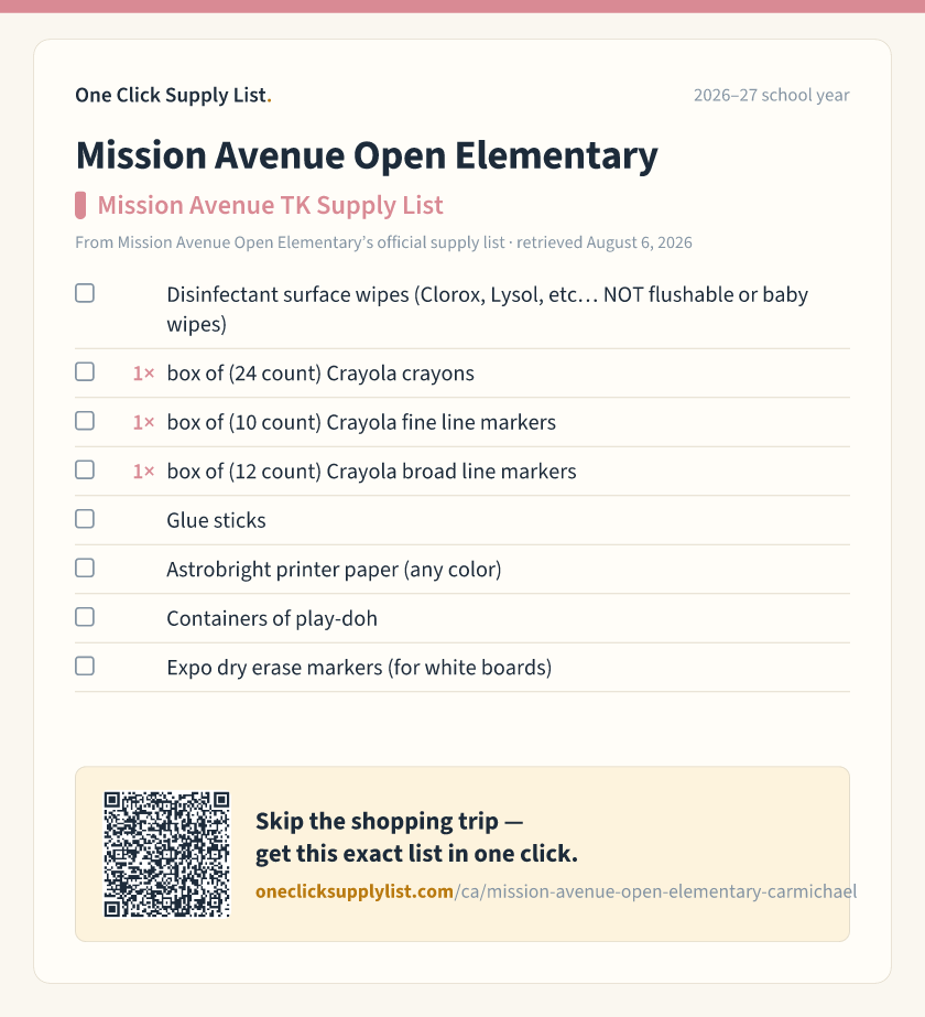 Mission Avenue Open Elementary Mission Avenue TK Supply List supply list — printable image