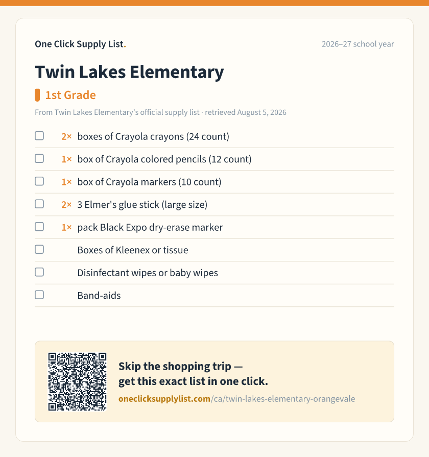 Twin Lakes Elementary 1st Grade supply list — printable image