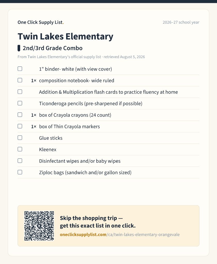 Twin Lakes Elementary 2nd/3rd Grade Combo supply list — printable image