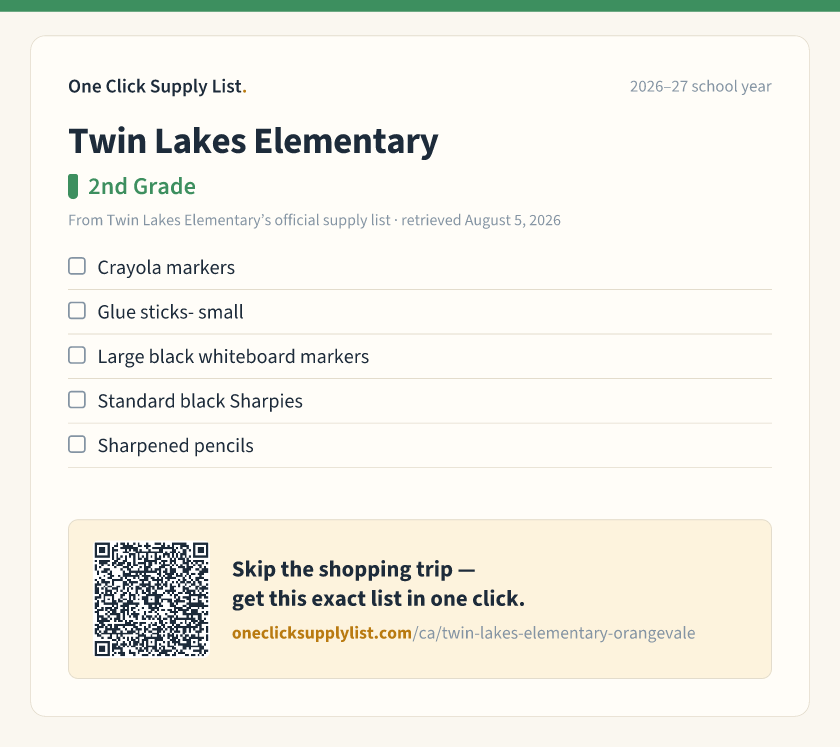 Twin Lakes Elementary 2nd Grade supply list — printable image
