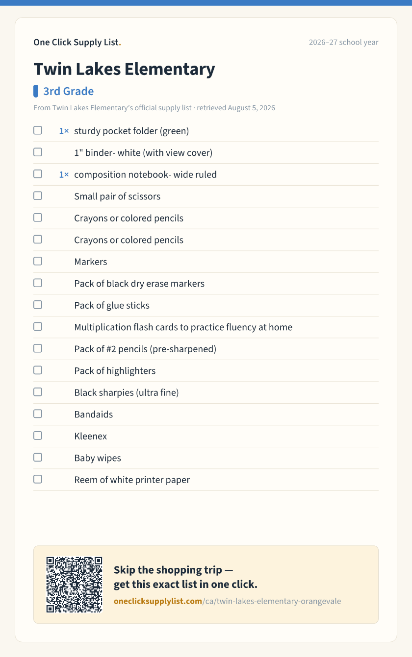Twin Lakes Elementary 3rd Grade supply list — printable image