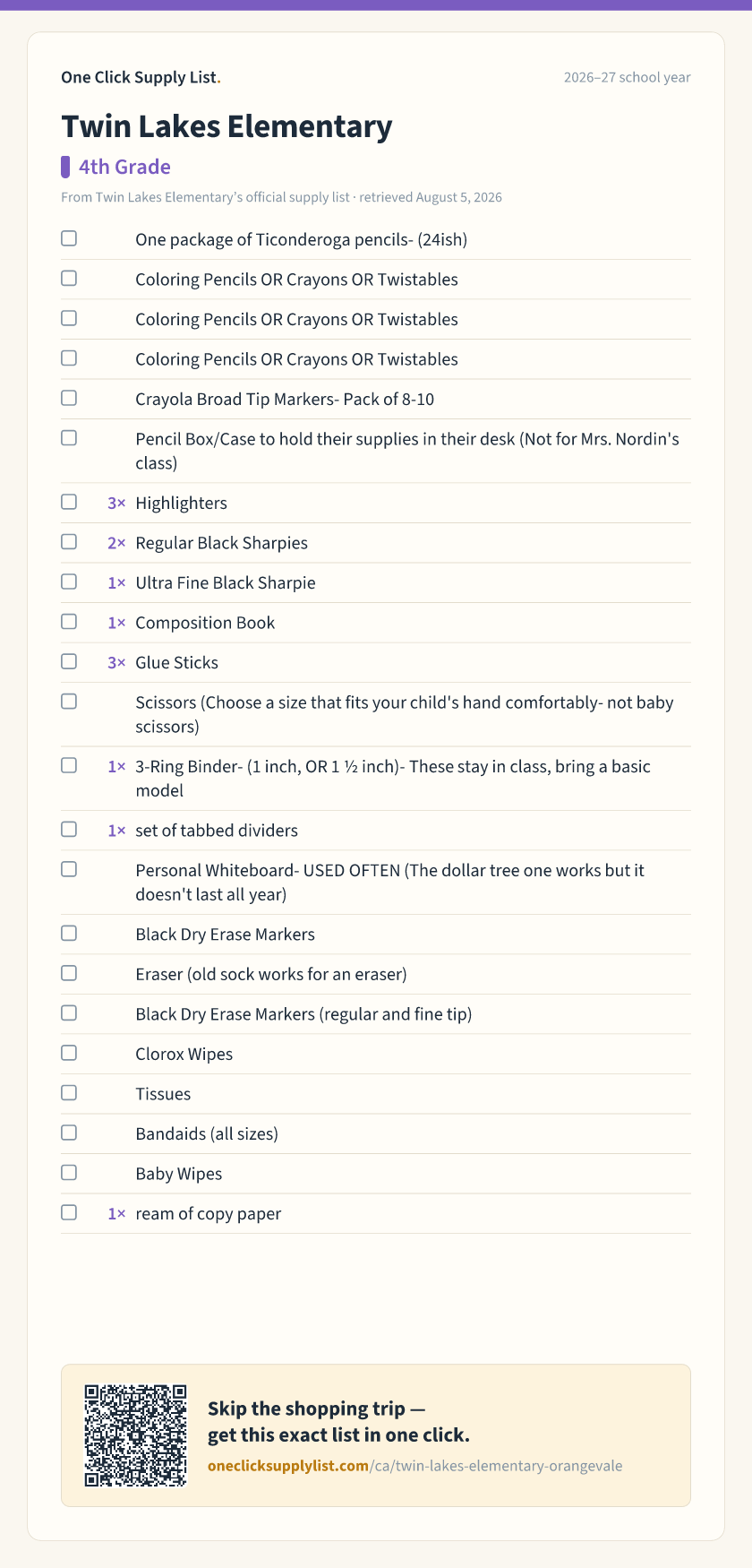 Twin Lakes Elementary 4th Grade supply list — printable image