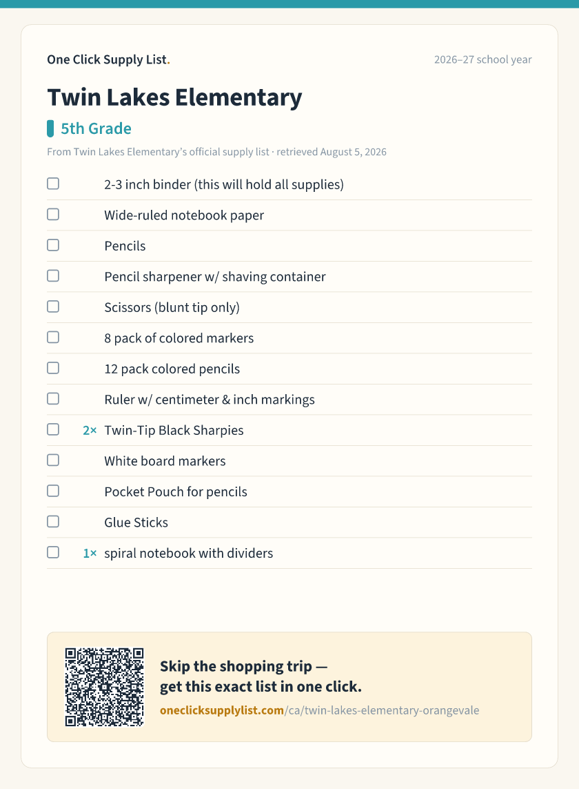 Twin Lakes Elementary 5th Grade supply list — printable image