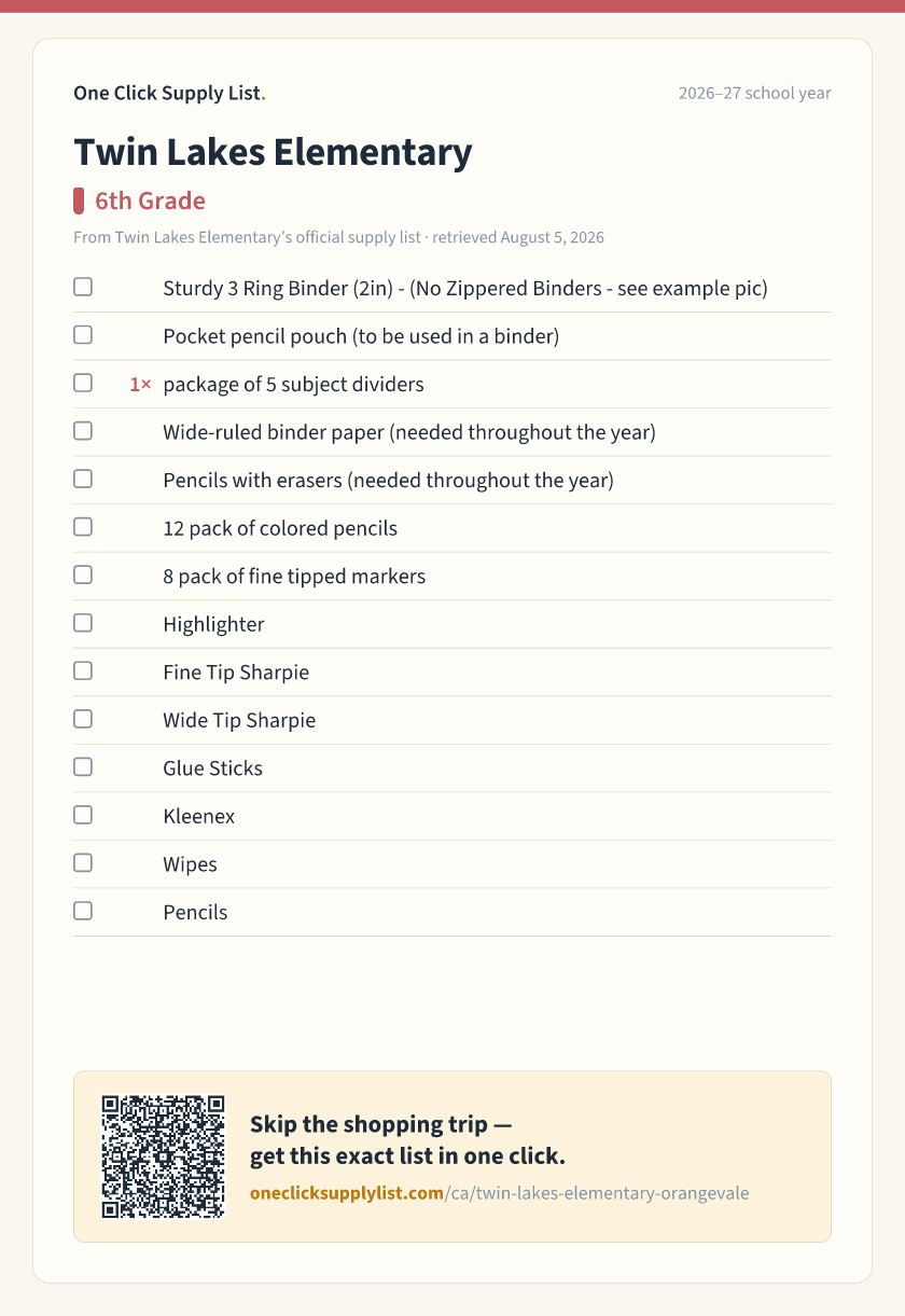 Twin Lakes Elementary 6th Grade supply list — printable image