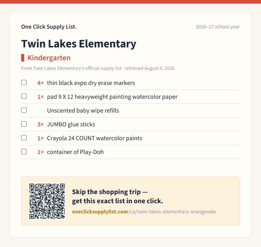 Twin Lakes Elementary Kindergarten supply list — printable image