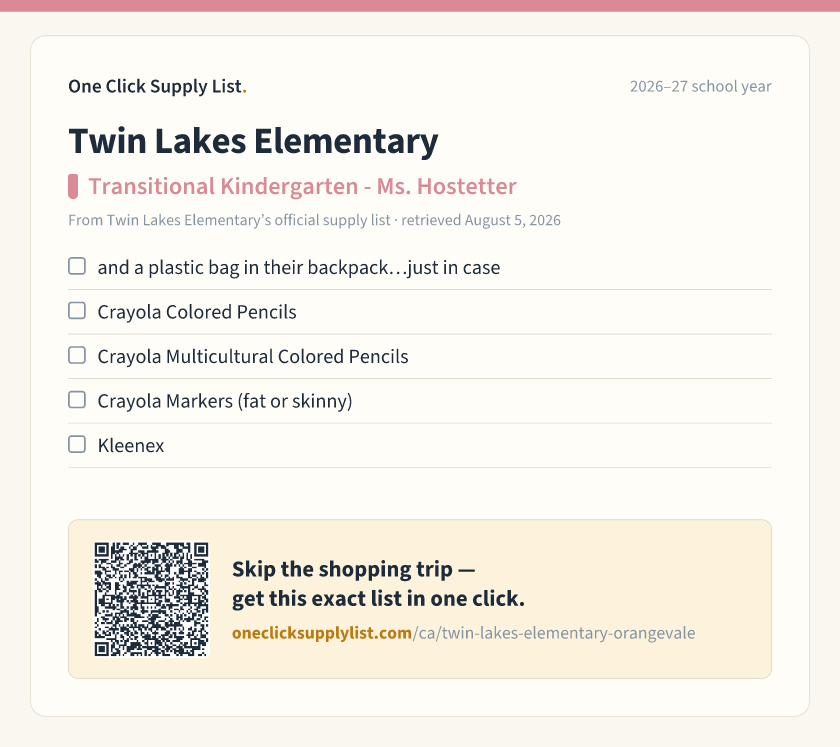 Twin Lakes Elementary Transitional Kindergarten - Ms. Hostetter supply list — printable image