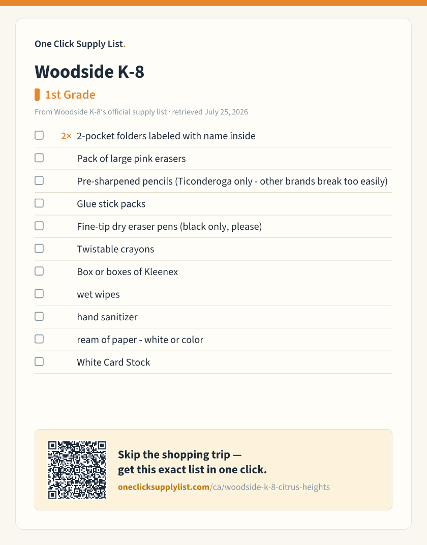 Woodside K-8 1st Grade supply list — printable image