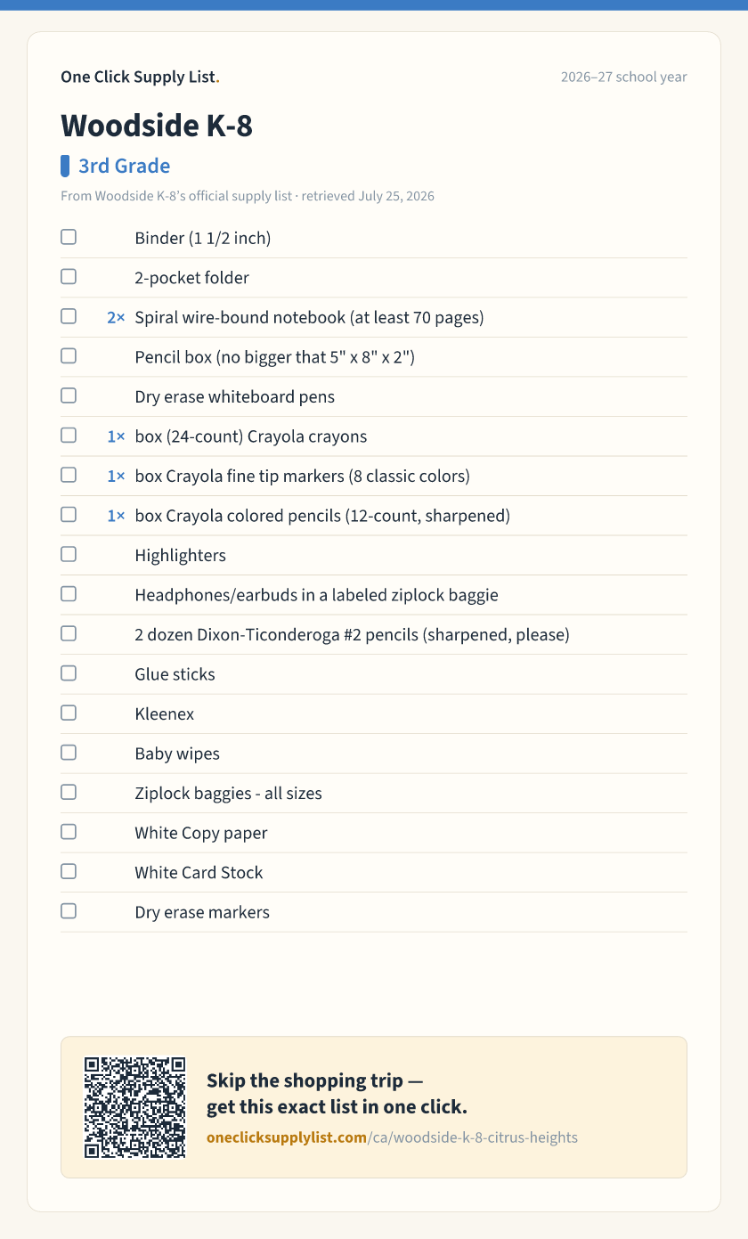 Woodside K-8 3rd Grade supply list — printable image