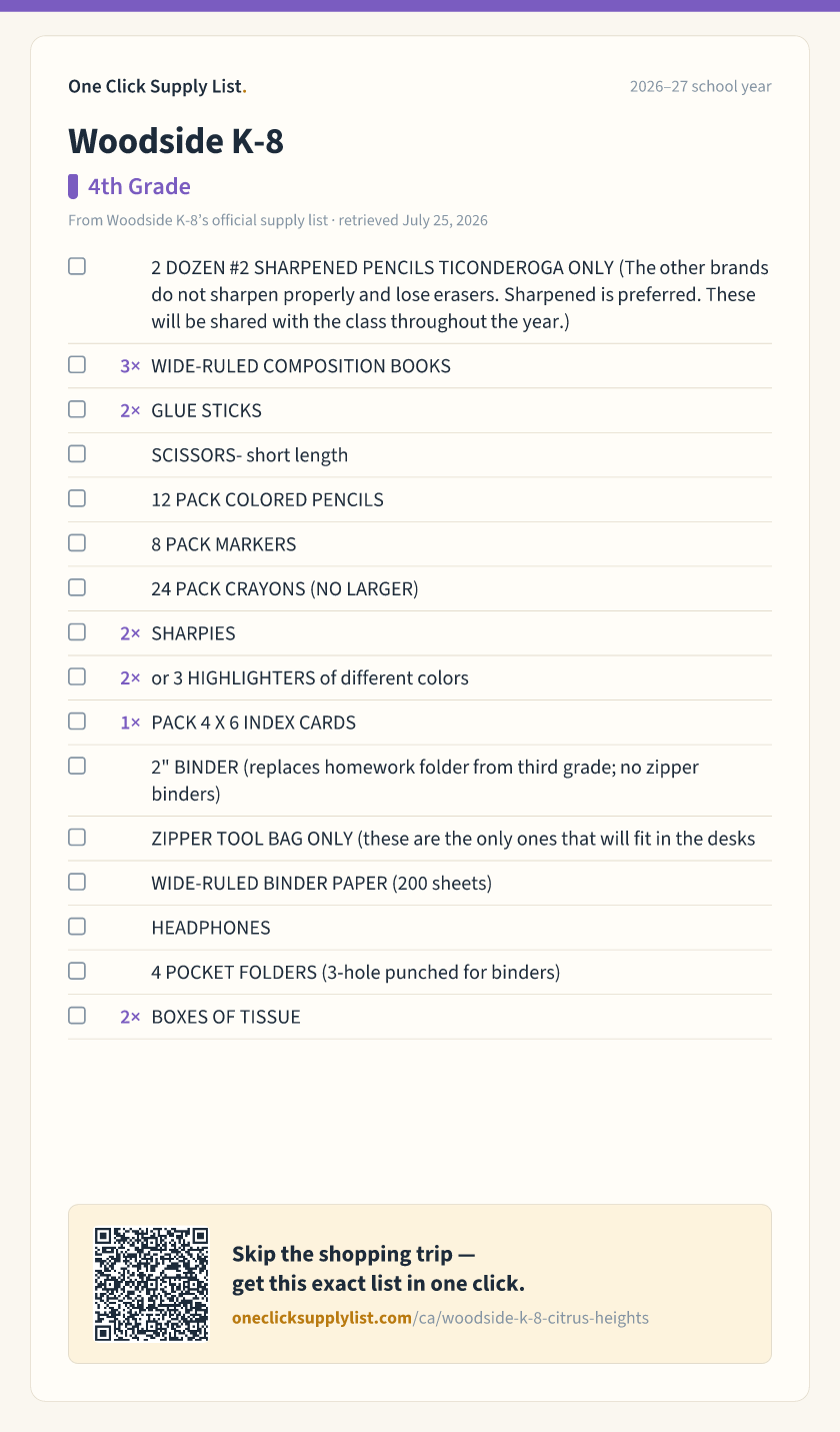 Woodside K-8 4th Grade supply list — printable image