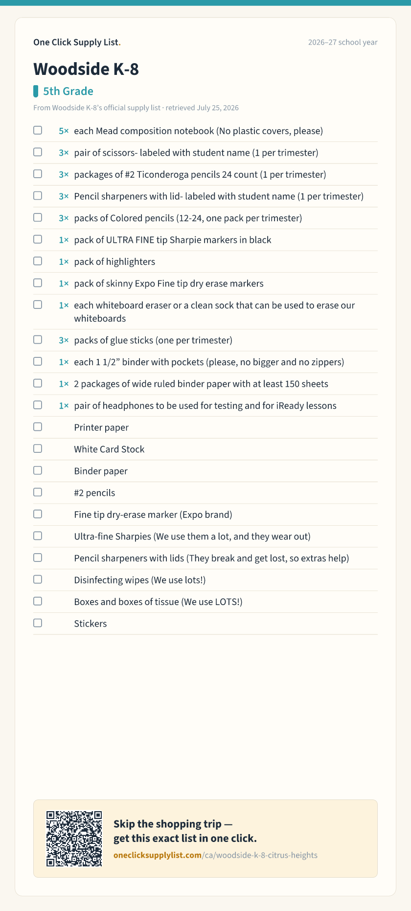 Woodside K-8 5th Grade supply list — printable image