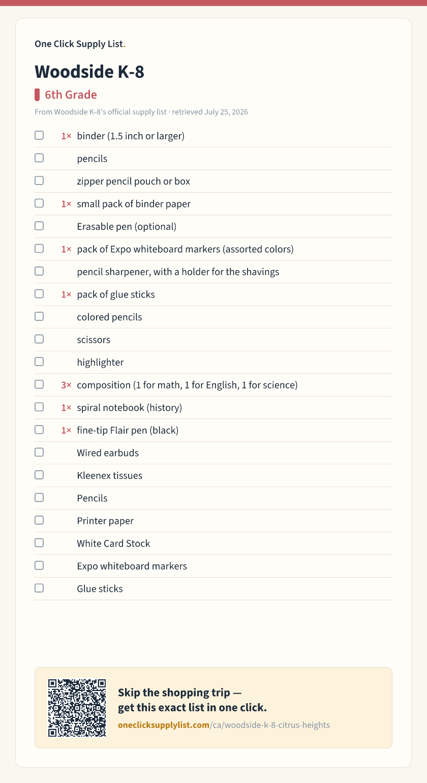 Woodside K-8 6th Grade supply list — printable image