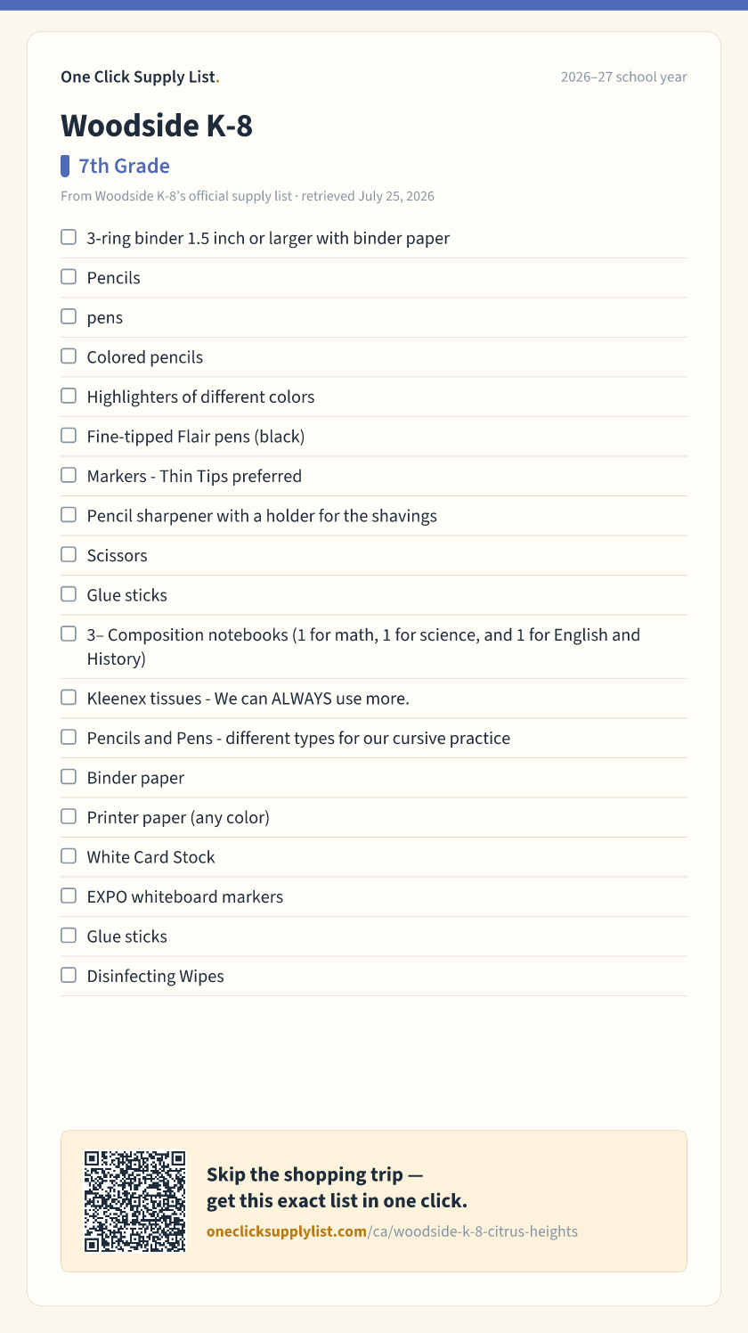 Woodside K-8 7th Grade supply list — printable image