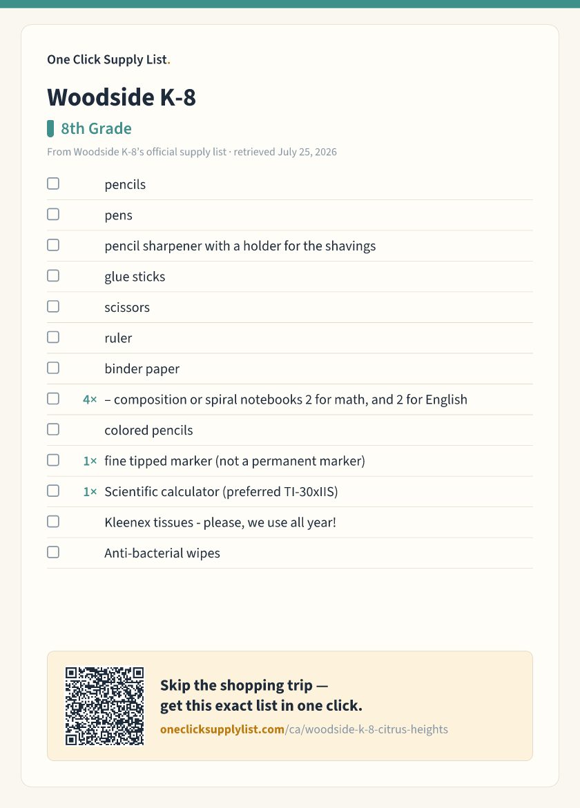 Woodside K-8 8th Grade supply list — printable image