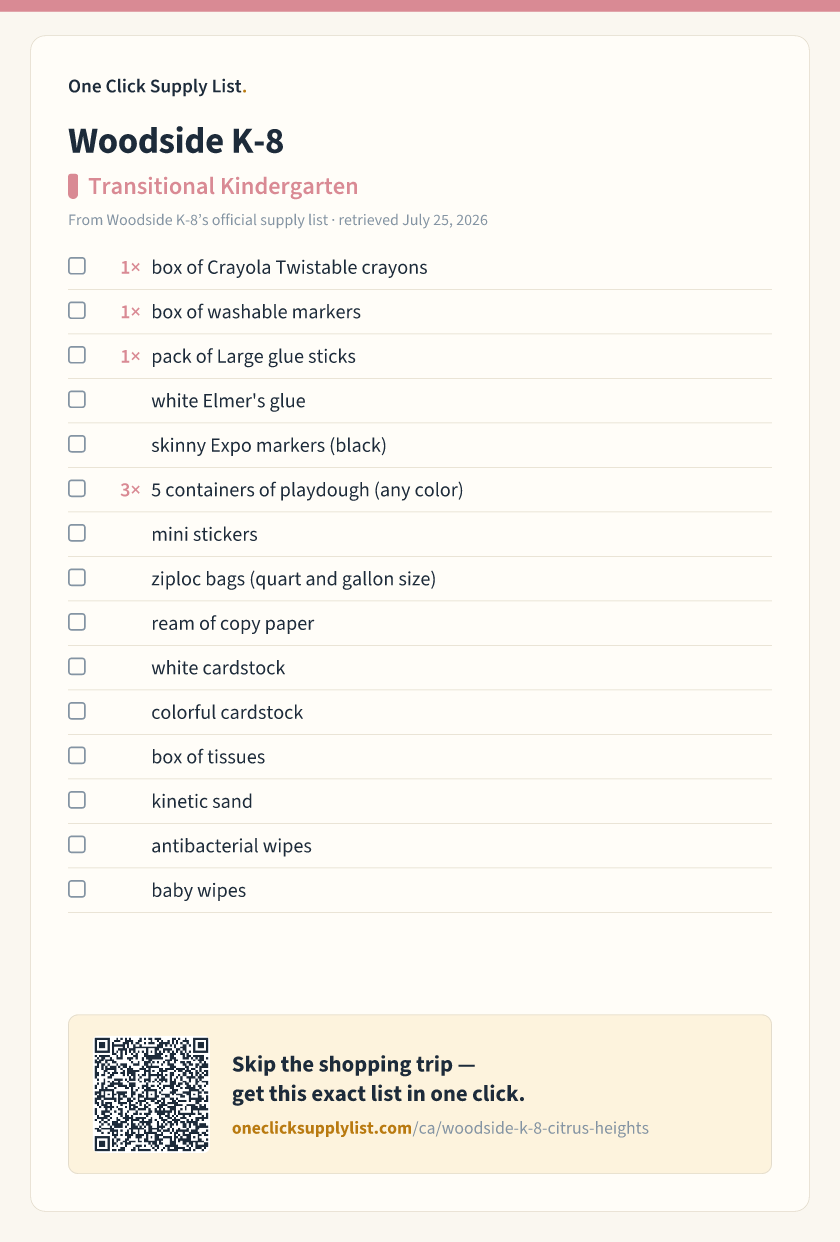 Woodside K-8 Transitional Kindergarten supply list — printable image