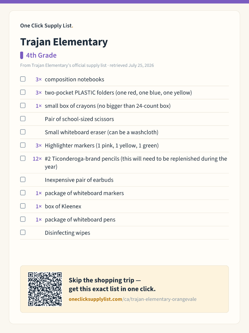Trajan Elementary 4th Grade supply list — printable image
