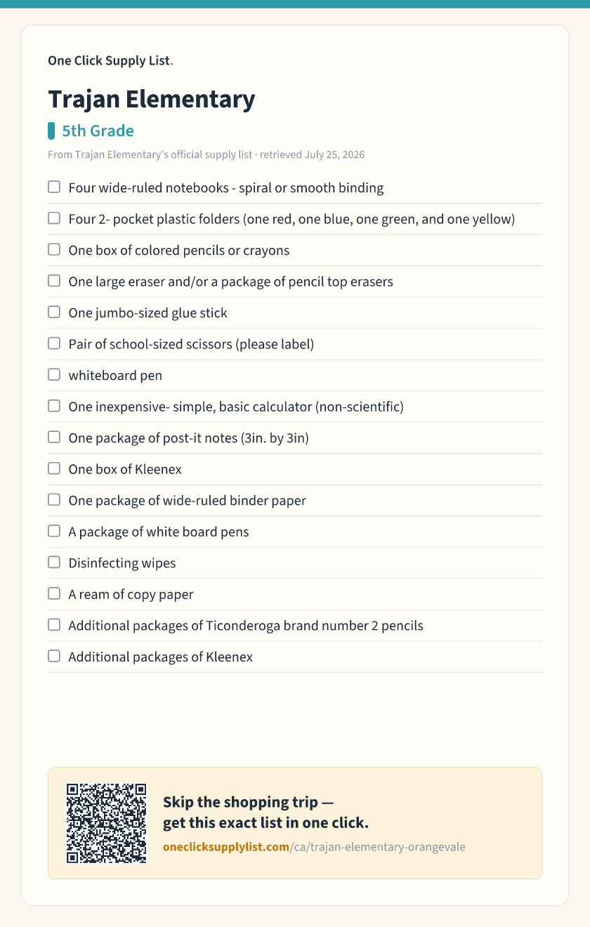Trajan Elementary 5th Grade supply list — printable image