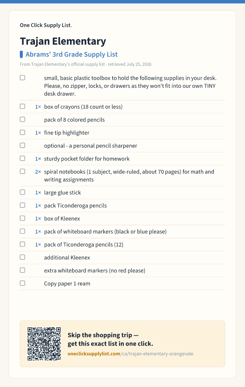 Trajan Elementary Abrams' 3rd Grade Supply List supply list — printable image