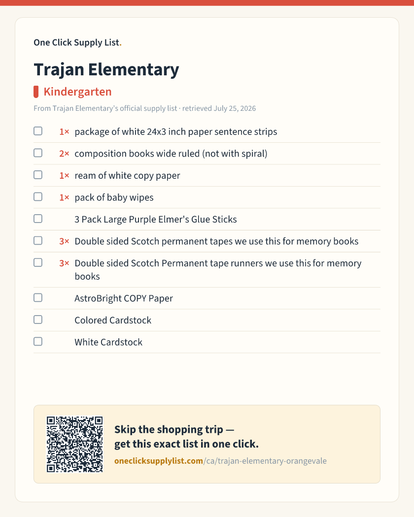 Trajan Elementary Kindergarten supply list — printable image