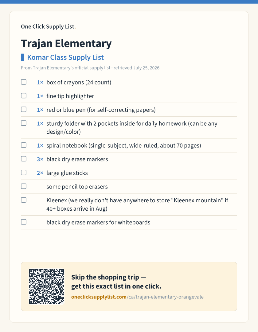 Trajan Elementary Komar Class Supply List supply list — printable image