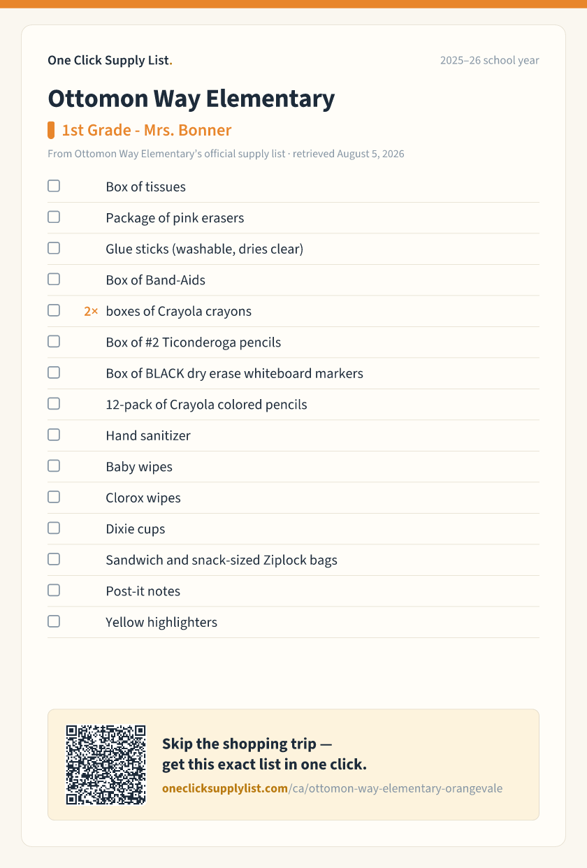Ottomon Way Elementary 1st Grade - Mrs. Bonner supply list — printable image
