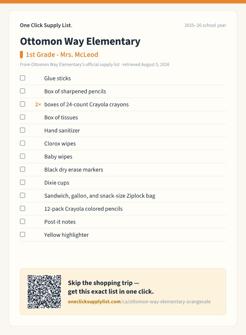 Ottomon Way Elementary 1st Grade - Mrs. McLeod supply list — printable image