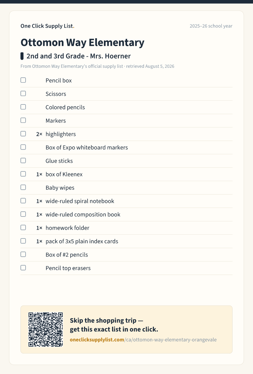 Ottomon Way Elementary 2nd and 3rd Grade - Mrs. Hoerner supply list — printable image