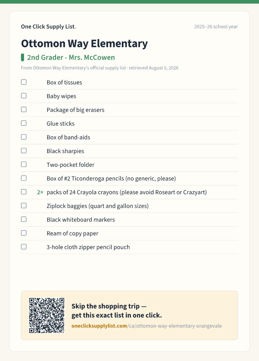 Ottomon Way Elementary 2nd Grader - Mrs. McCowen supply list — printable image