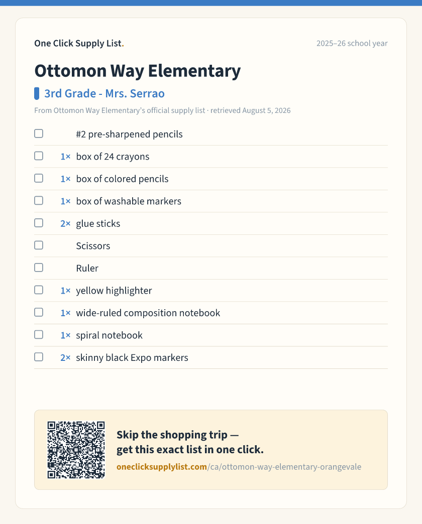 Ottomon Way Elementary 3rd Grade - Mrs. Serrao supply list — printable image