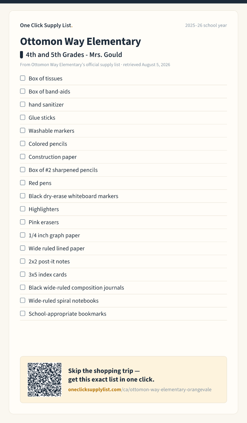 Ottomon Way Elementary 4th and 5th Grades - Mrs. Gould supply list — printable image