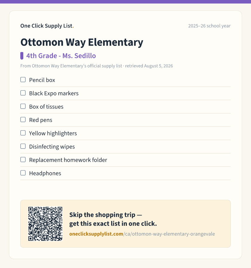Ottomon Way Elementary 4th Grade - Ms. Sedillo supply list — printable image