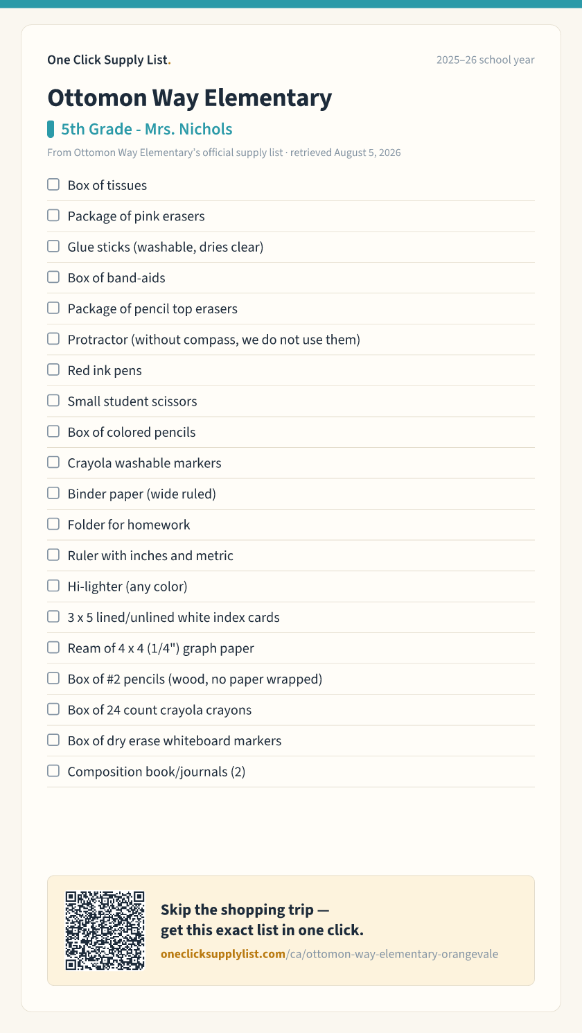 Ottomon Way Elementary 5th Grade - Mrs. Nichols supply list — printable image
