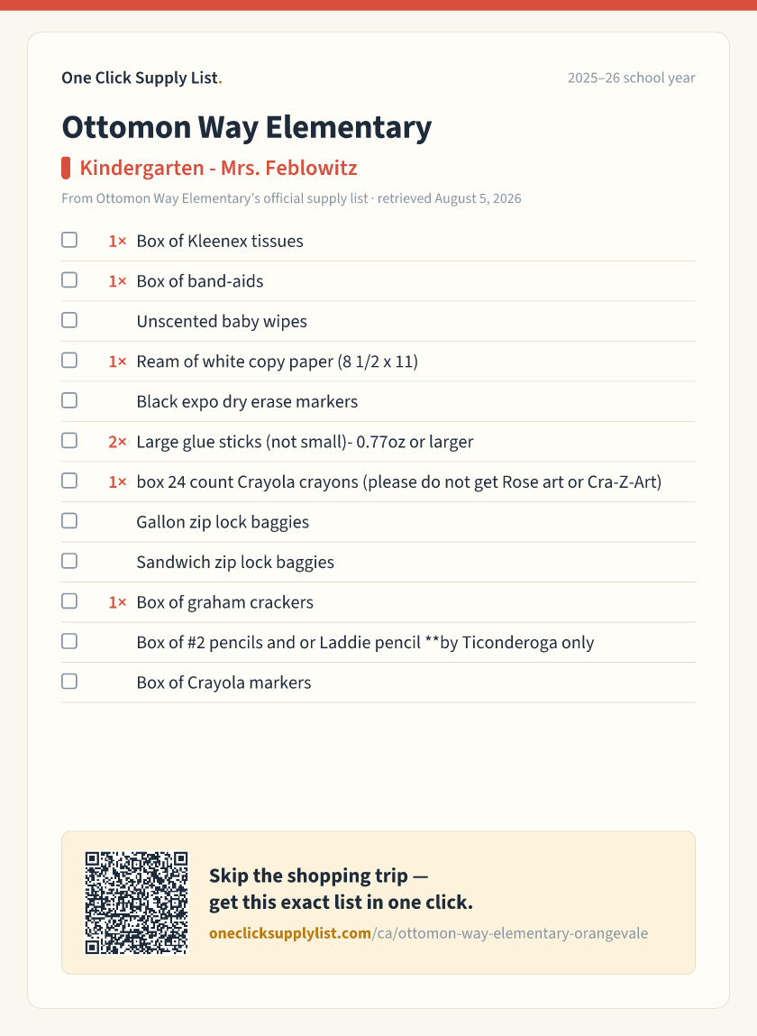 Ottomon Way Elementary Kindergarten - Mrs. Feblowitz supply list — printable image