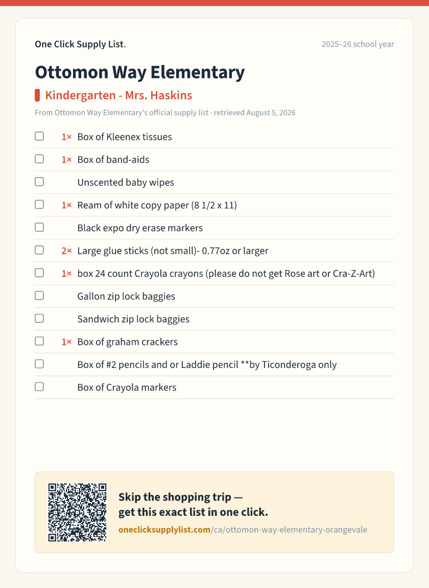 Ottomon Way Elementary Kindergarten - Mrs. Haskins supply list — printable image