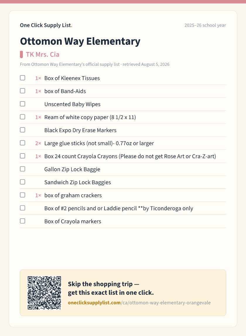 Ottomon Way Elementary TK Mrs. Cia supply list — printable image