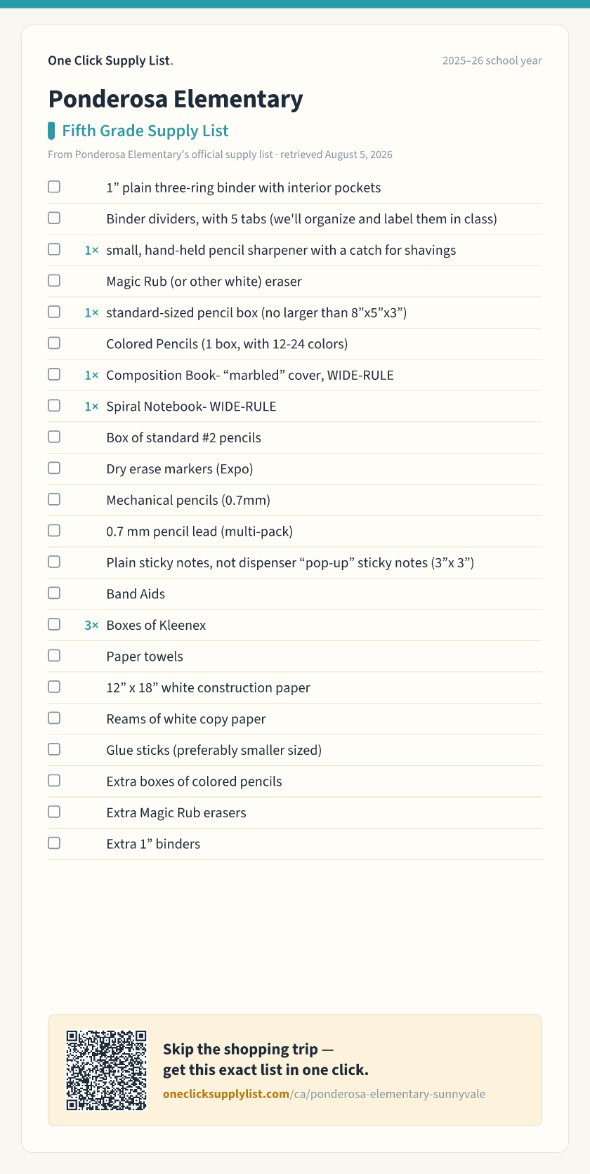 Ponderosa Elementary Fifth Grade Supply List supply list — printable image