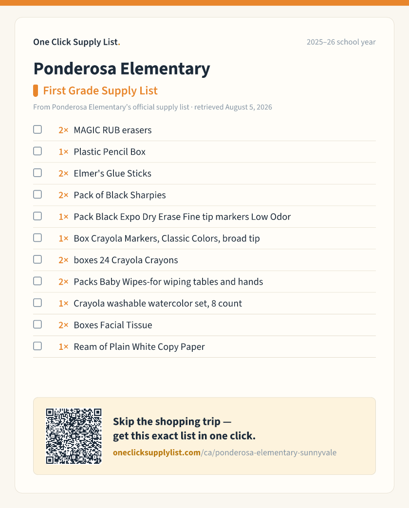 Ponderosa Elementary First Grade Supply List supply list — printable image