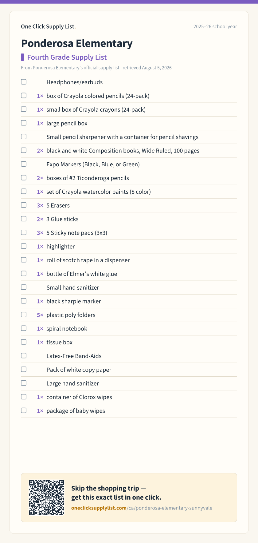 Ponderosa Elementary Fourth Grade Supply List supply list — printable image
