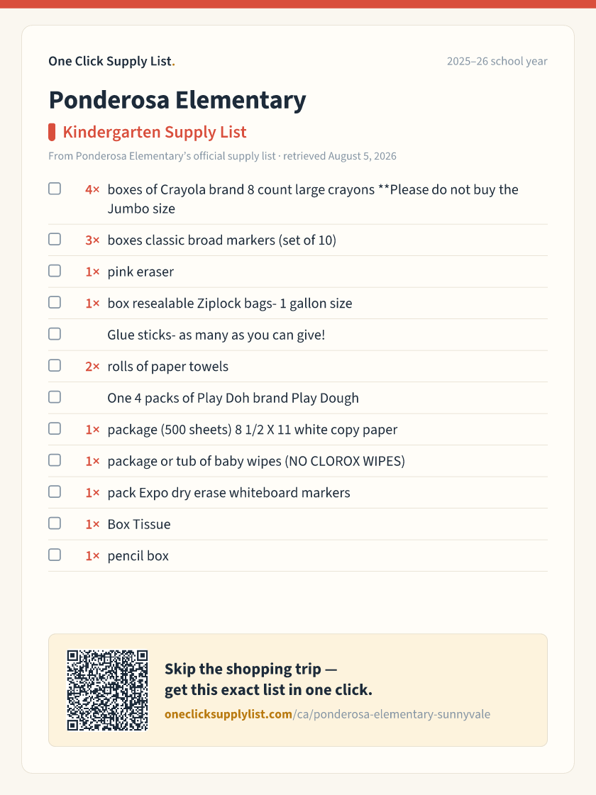 Ponderosa Elementary Kindergarten Supply List supply list — printable image