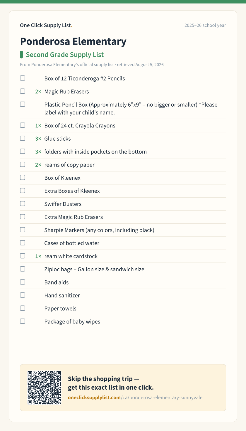 Ponderosa Elementary Second Grade Supply List supply list — printable image