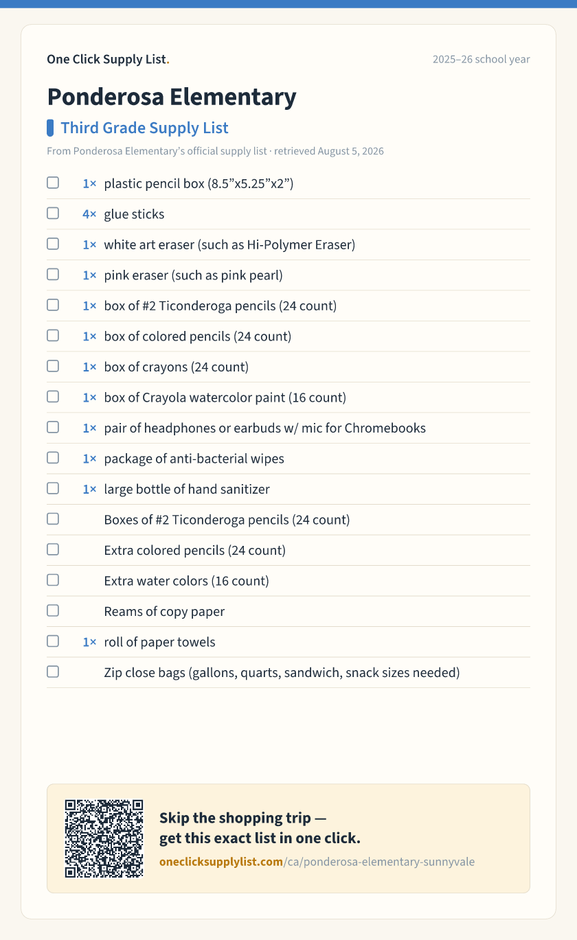 Ponderosa Elementary Third Grade Supply List supply list — printable image