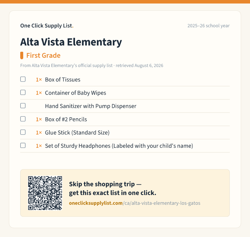 Alta Vista Elementary First Grade supply list — printable image