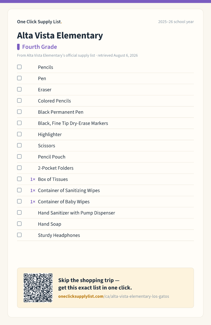 Alta Vista Elementary Fourth Grade supply list — printable image
