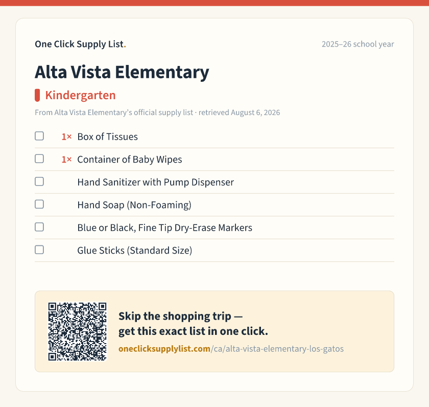Alta Vista Elementary Kindergarten supply list — printable image