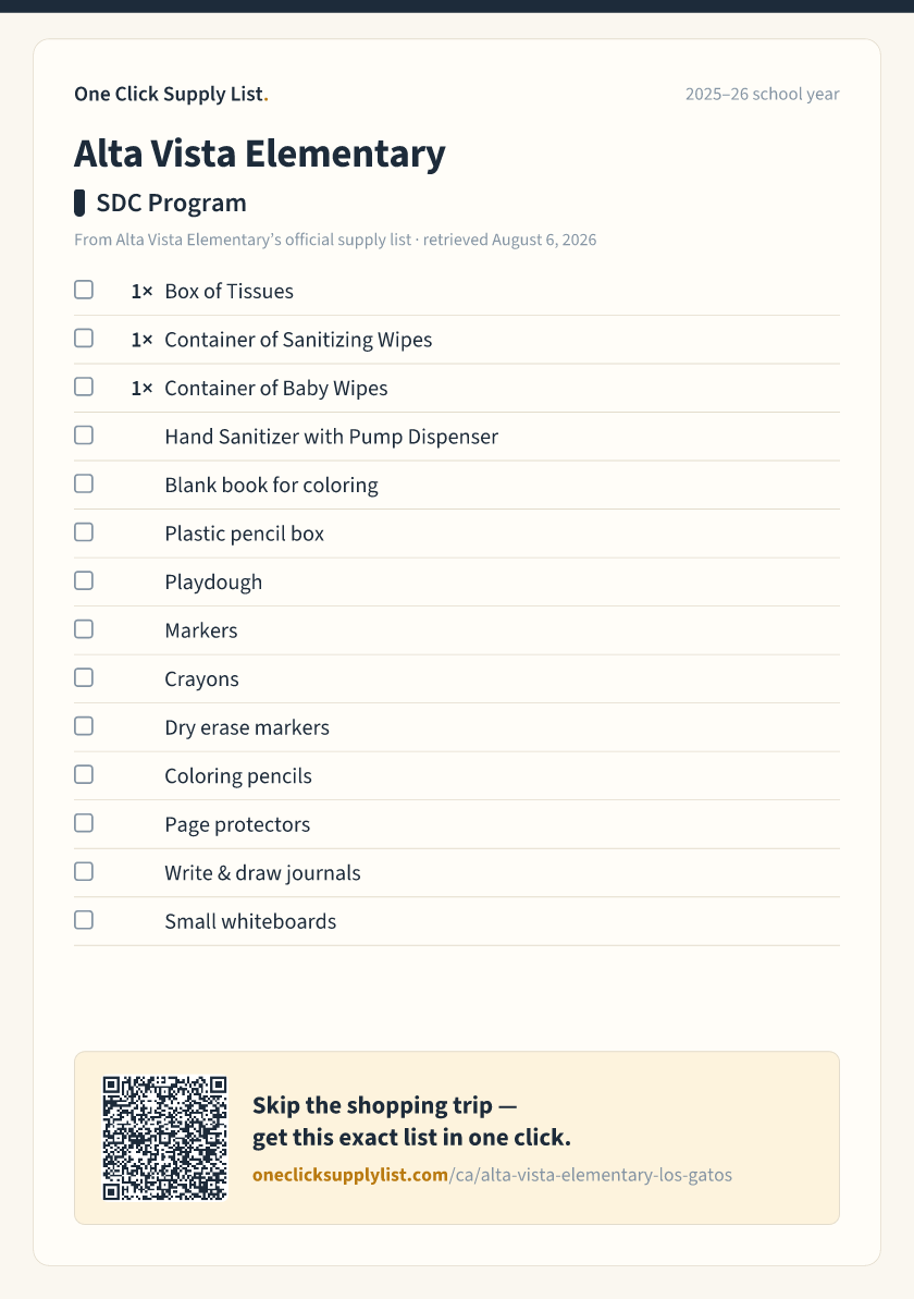 Alta Vista Elementary SDC Program supply list — printable image