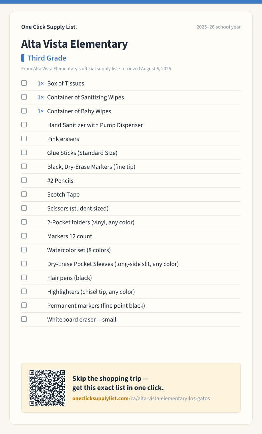 Alta Vista Elementary Third Grade supply list — printable image