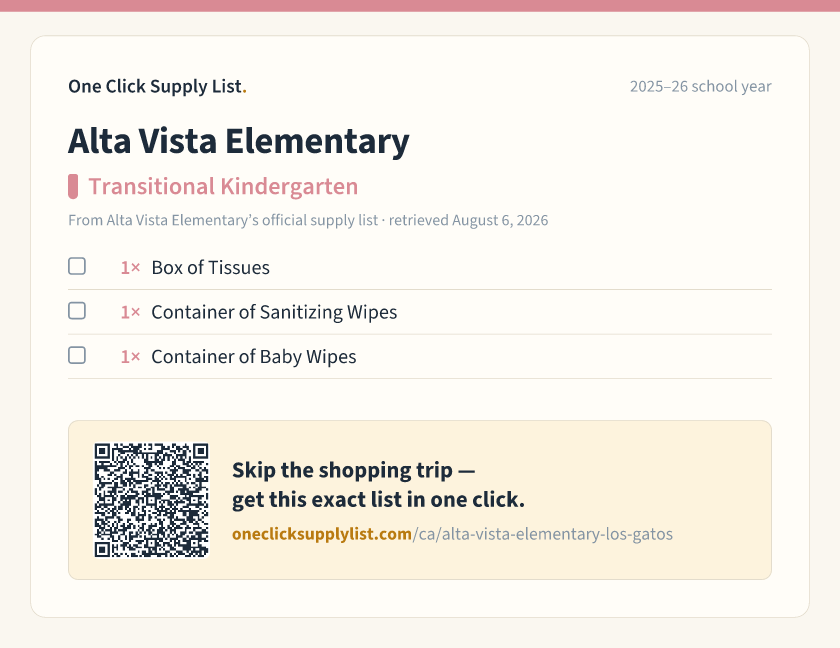 Alta Vista Elementary Transitional Kindergarten supply list — printable image
