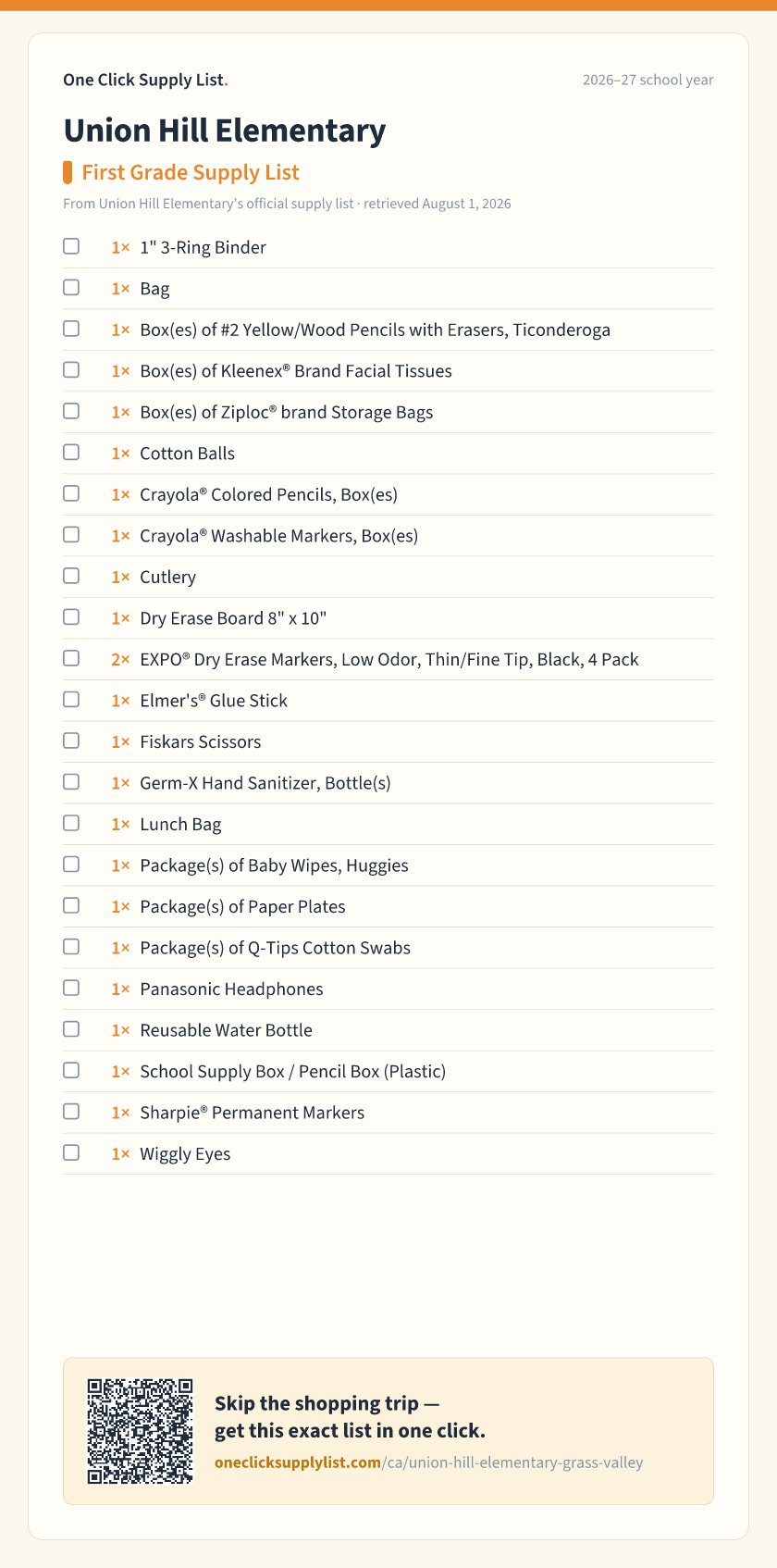 Union Hill Elementary First Grade Supply List supply list — printable image