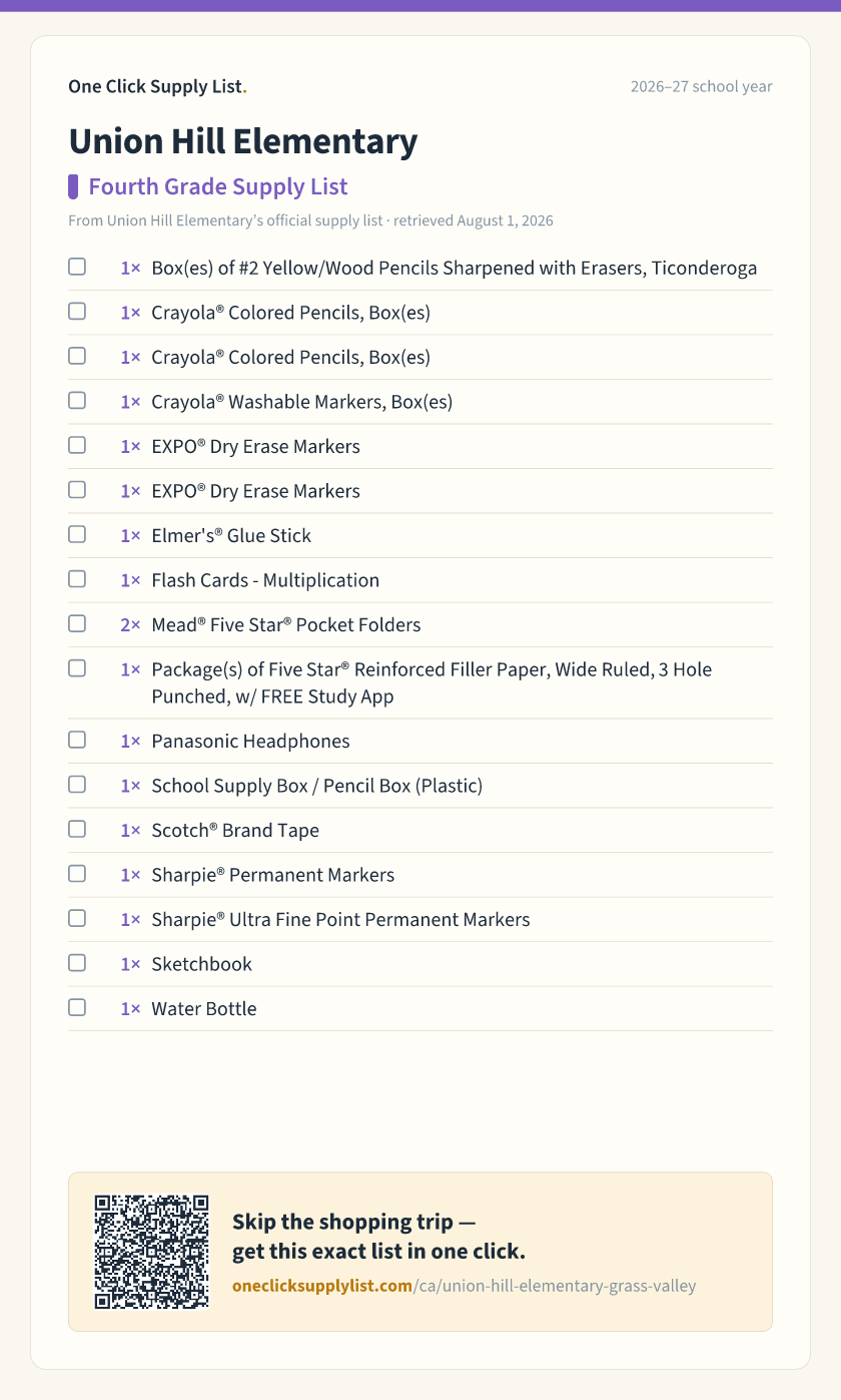 Union Hill Elementary Fourth Grade Supply List supply list — printable image