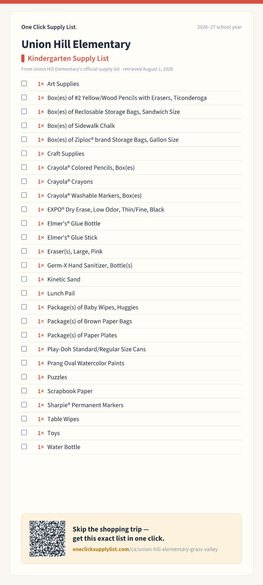Union Hill Elementary Kindergarten Supply List supply list — printable image