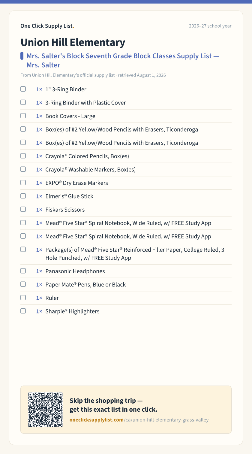 Union Hill Elementary Mrs. Salter's Block Seventh Grade Block Classes Supply List — Mrs. Salter supply list — printable image